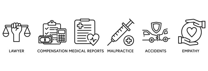 Personal injury law icon set vector illustration concept relate to lawyer, compensation, medical reports, malpractice, accidents and empathy