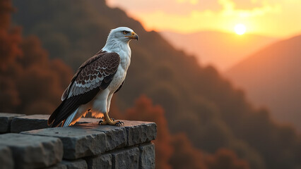 Fototapeta premium majestic eagle perches atop weathered hungarian stone wall dawn snowy feathers glowing warmly soft golden