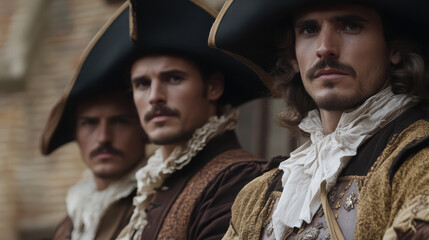 Fototapeta premium Historical Attire: A captivating tableau featuring three figures, attired in classic period clothing and expressive of noble stature, against a historic background.