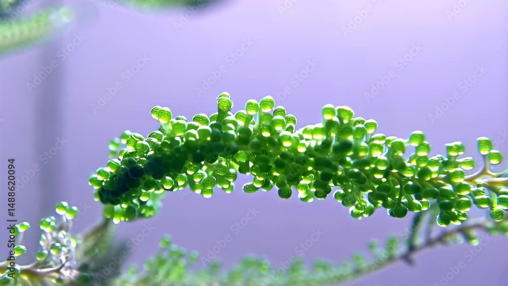 Poster close-up of vibrant green bubble algae growing on stem in soft, diffused light against subtle purple
