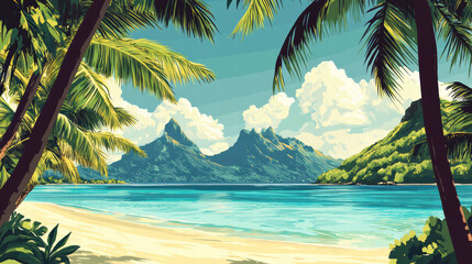 Fototapeta premium Tropical Beach Paradise: A vibrant beach scene with towering mountains, serene blue waters, lush greenery, and swaying palm trees, inviting viewers to experience the tranquility of a tropical getaway.