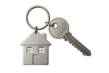 Silver metal house keychain with key isolated on transparent background, representing real estate and home ownership