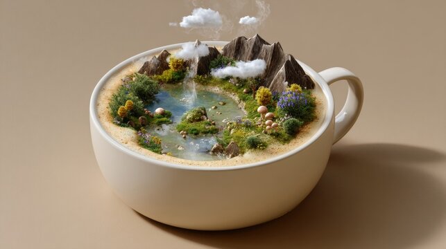 Imaginary microworld landscape within coffee cup featuring mountains clouds and tranquil lake