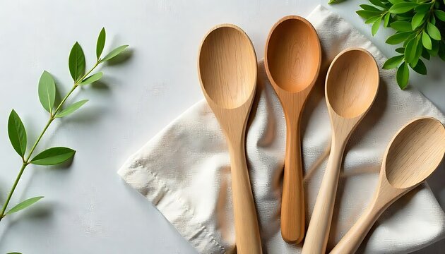 Rustic Wooden Utensil Set on Linen with Greenery, Traditional wooden kitchen utensils abd kitchenware mock up Home cooking,Recipe book template,Romania, created with generative ai