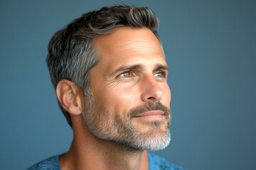 Obraz premium Chic men's shoulder-length taper haircut - midlife white man with hair. Conceptual art of style for aging men. A joyful man with a trendy and modern hairstyle. Blue solid background.