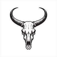 Western Cow Skull with Long Horns &ndash; Black and White Vector Line Art