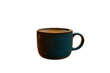 A comforting blue mug holds warm tea inviting a moment of calm and reflection against the on transparent background