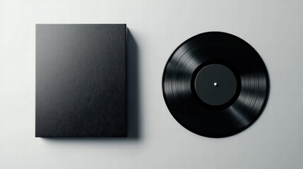 Vinyl Record and Its Case: A classic black vinyl record next to its simple, dark case, evoking a sense of timeless musical memories and a minimalist aesthetic.