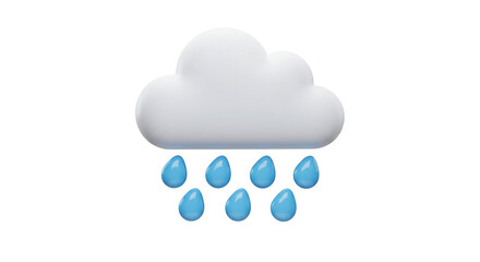 A cartoon cloud with blue raindrops falling from it on a plain white background illustration