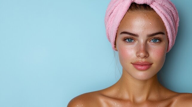 A woman with a pink towel wrapped around her head