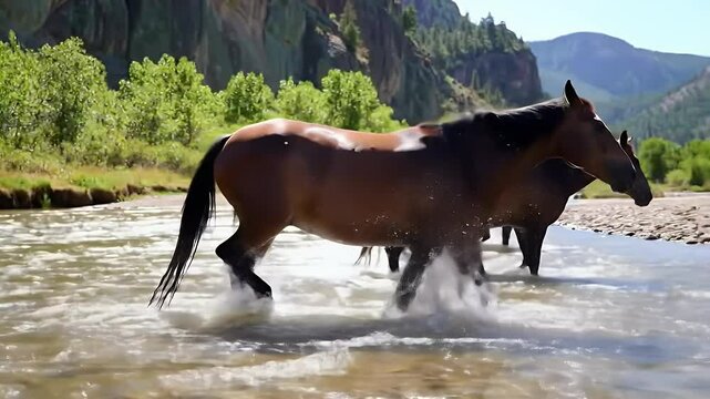 Horses Crossing a Shallow River in a Mountain Landscape