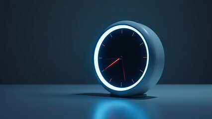 sleek futuristic ring alarm clock watch rotates minimalist desk illuminated soft blue ambient light dark grey background
