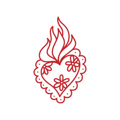 Vintage doodle heart decorated with flowers, lace. Hand-drawn illustration of burning heart fire. Retro design element for cards, invitations. Vector isolated clip art