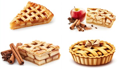 Four apple pie variations displayed with cinnamon sticks and a red apple