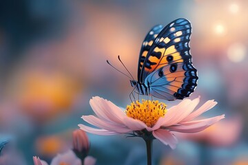 Obraz premium Beautiful butterfly resting on a flower in a colorful garden during golden hour