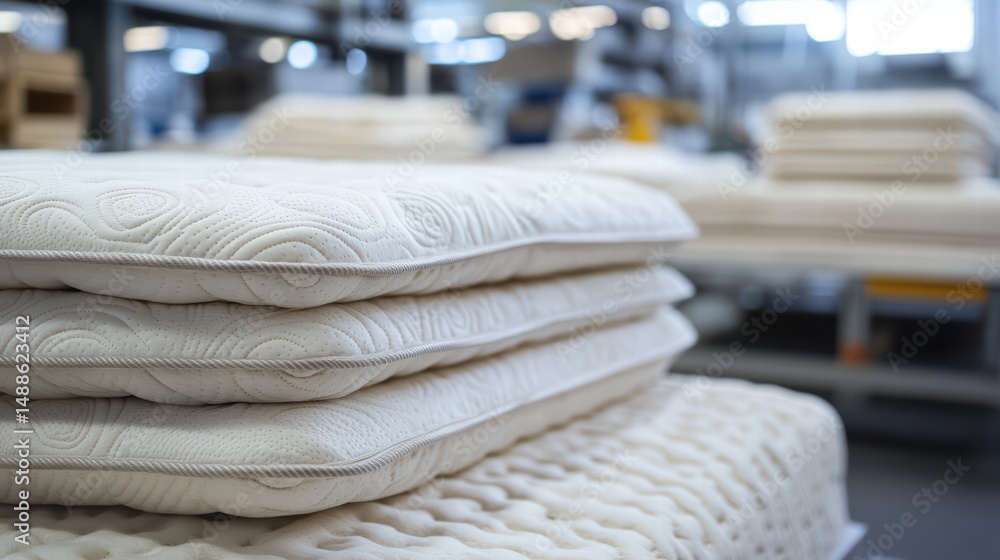 Poster pillows in the factory: a close-up of soft pillows neatly stacked and arranged in a factory setting.