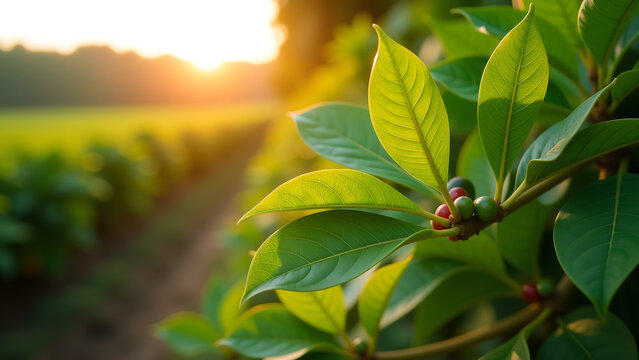 pan captures vibrant green coffee leaves swaying gently soft morning light sunrise farm scene set warm