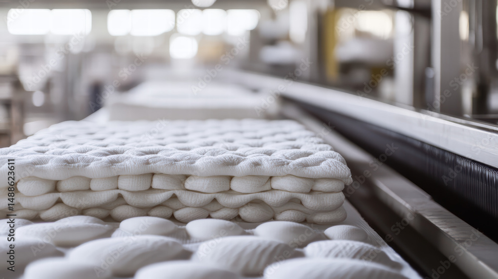 Poster factory production line: a captivating close-up view showcases a textile manufacturing process, as n