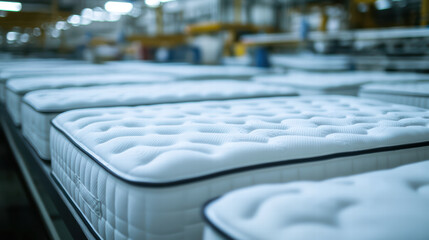 Mattress Production Line: A captivating glimpse into a modern mattress factory, revealing a row of pristine mattresses.