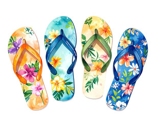 Four vibrant watercolor footwear with floral patterns in orange blue and green set against a transparent background.