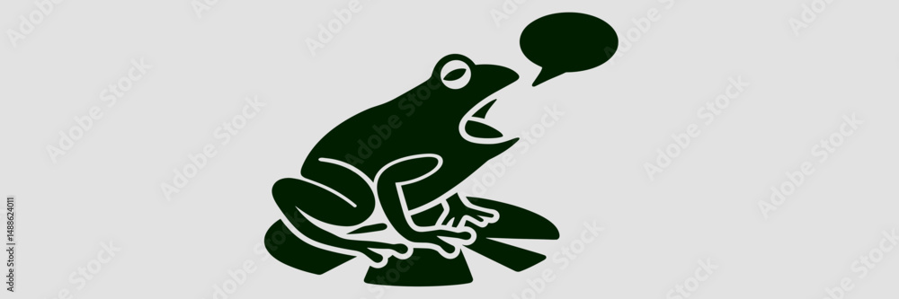 Poster silhouette frog icon on lily pad with speech bubble – suitable for communication tools, playful ui e
