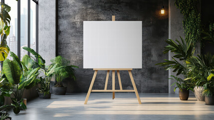 Blank Canvas: A blank canvas on an easel in a modern, sunlit studio surrounded by lush greenery. Evoking creativity, art, and the promise of a new beginning.