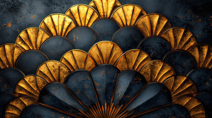 A sleek, black and gold art deco pattern, rendered in a vibrant vector illustration, seamlessly flows across the canvas, exuding an aura of elegance and sophistication 