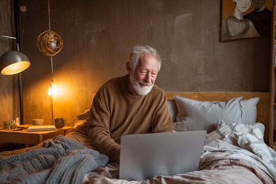 An older man with a white beard is using a laptop while sitting on his bed in a warm room.