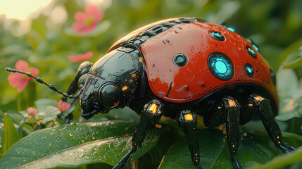 Futuristic Ladybug's Luminescence: A unique view of the intricate details of a ladybug on a lush green environment, its exoskeletal structure enhanced with glowing, technological accents.