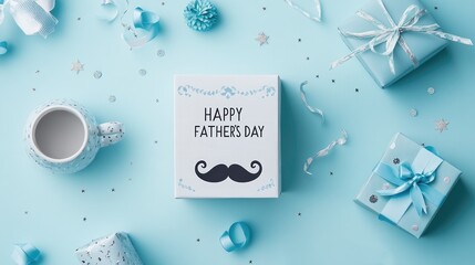 Father's Day Vertical Graphic Design, Light Blue Background with Silver Glitter and Blue Ribbons, Center White Box "Happy Father's Day" with Mustache, Light Blue Gift Boxes with Ribbon