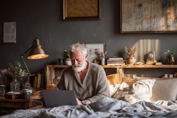 A senior gentleman with a long white beard is working on a laptop from his bed in a room.