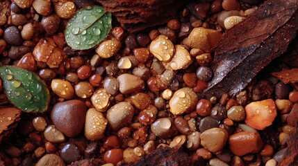 Obraz premium Close-up of Wet Pebbles and Leaves on Forest Floor After Rain