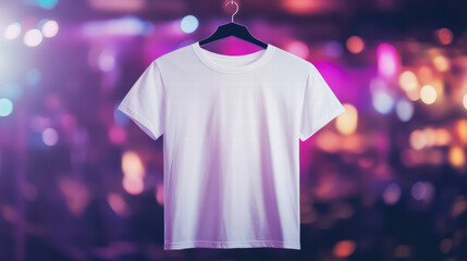 Minimalist Fashion: A classic white tee hangs gracefully, showcasing its timeless appeal against a backdrop of vibrant, artistic lighting and evokes the essence of style