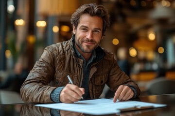 Obraz premium Man in a brown jacket writes notes in a cozy cafe filled with warm lighting during the evening hours
