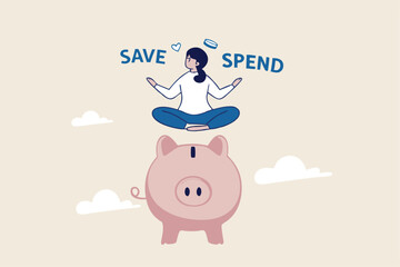 Money decision, save or spend, financial options when receive bonus or extra money, choose to invest or pay off debt concept, doubtful woman lotus sitting on piggy bank balancing save or spend choice.