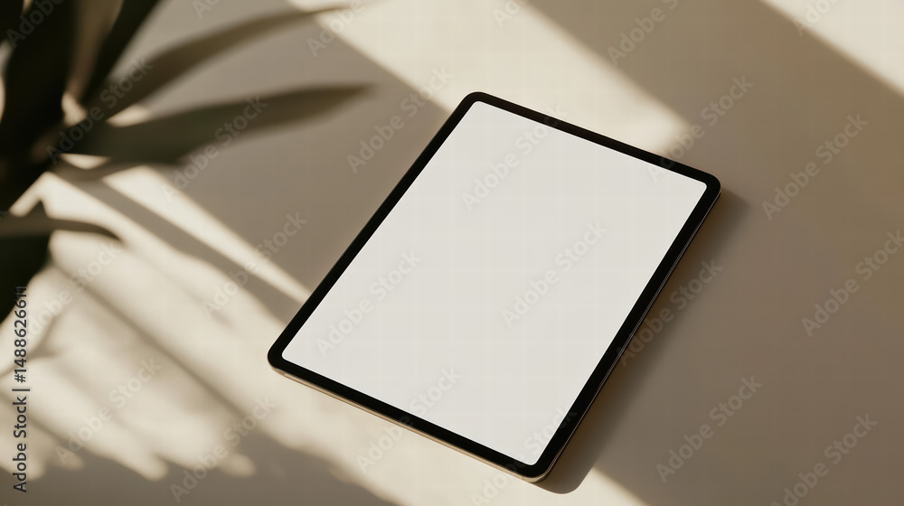 Poster tablet with sunlit interface: a sleek tablet featuring a pristine, white interface is bathed in the 