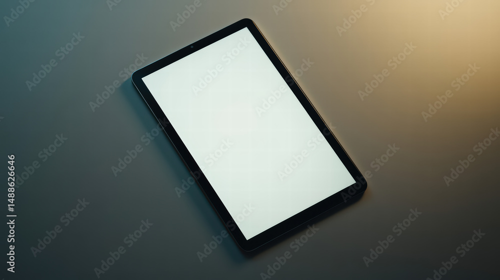 Poster modern tablet device mockup: minimalist tablet device poised at a diagonal angle with its blank scre