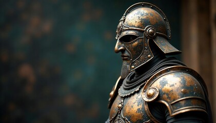 Obraz premium Ancient warrior armor, weathered bronze, intricate detail, archeology, decay