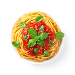 spaghetti with tomato sauce and basil on white bg