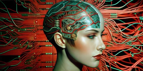 A vivid portrayal of a woman with red and green circuits intertwined around her head illustrating the merging of organic and synthetic elements