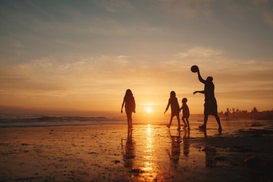 A family playing beach ball at sunset, creating a beautiful silhouette on the shore.