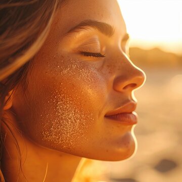 Young caucasian female enjoying sunset on beach with sandy cheeks