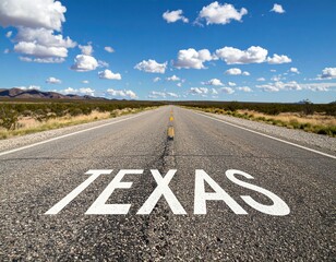 Endless texas highway with clear blue sky and clouds in desert landscape