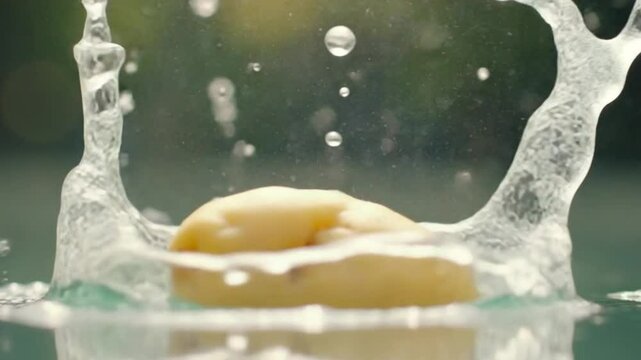 Potatoes fall into the water. Filmed on a high-speed camera at 1000 fps. High quality FullHD footage