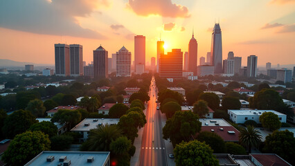 aerial captures vibrant echo park skyline warm golden light setting sun dances across sleek skyscrapers lush