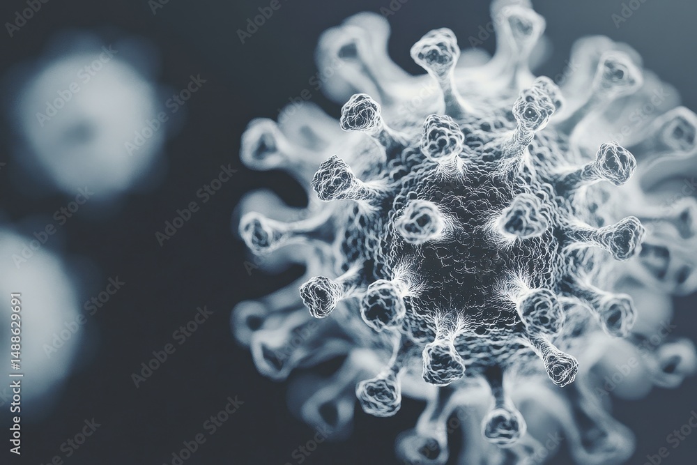 Poster close-up view of a pandemic virus molecule under a microscope highlighting its intricate structure a