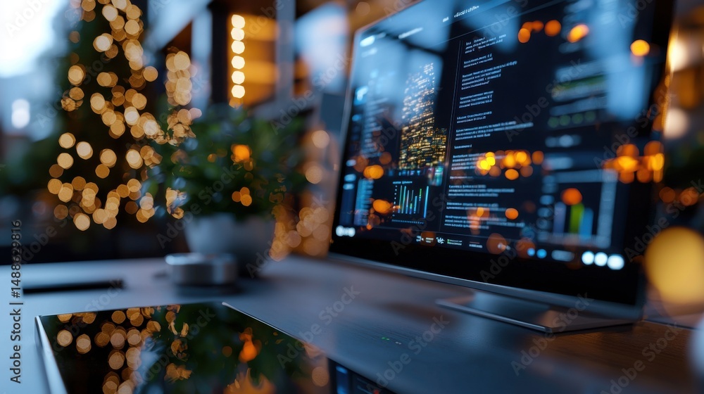 Aufkleber a computer monitor displays a cityscape with a christmas tree in the background