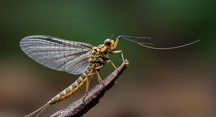 A green dragonfly, a wild insect with delicate wings, rests in macro closeup on a leaf of a plant in nature