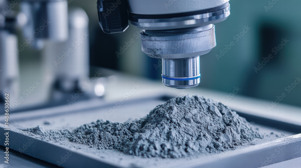 Aufkleber microscopic analysis: a close-up image depicts a high-powered microscope examining a sample of gray 