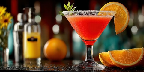 Refreshing cocktail garnished with orange slices on a bar counter during a lively evening